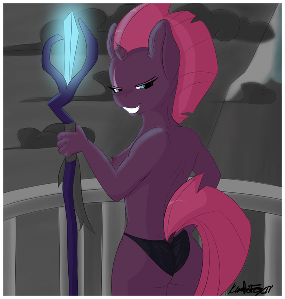 Size: 4080x4286 | Tagged: questionable, artist:kundofox, derpibooru import, tempest shadow, anthro, unicorn, my little pony: the movie, absurd resolution, ass, bikini, bikini bottom, breasts, broken horn, clothes, cloud, cloudy, dock, eye scar, female, grin, mountain, nipples, nudity, panties, partial nudity, scar, sideboob, smiling, solo, solo female, staff, staff of sacanas, swimsuit, topless, underwear