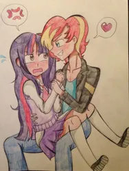 Size: 2448x3264 | Tagged: safe, artist:rainicornarts, derpibooru import, sunset shimmer, twilight sparkle, human, equestria girls, blushing, clothes, equestria guys, female, half r63 shipping, heart, humanized, long hair, looking at each other, male, open mouth, rule 63, shipping, skirt, smiling, straight, sunset glare, sunsetsparkle, traditional art, twiglare