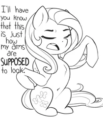 Size: 500x595 | Tagged: safe, artist:evehly, derpibooru import, fluttershy, pegasus, pony, awkward, belly button, binary, blatant lies, broken anatomy, chest fluff, dialogue, english, explicit source, eyes closed, female, fluffy, grayscale, lineart, mare, monochrome, open mouth, sidemouth, simple background, sitting, sketch, solo, white background