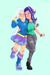 Size: 653x981 | Tagged: safe, artist:neurotic-hamster, derpibooru import, starlight glimmer, trixie, equestria girls, arm behind back, beanie, blushing, clothes, female, hat, hoodie, lesbian, looking at each other, shipping, side hug, simple background, skirt, smiling, startrix