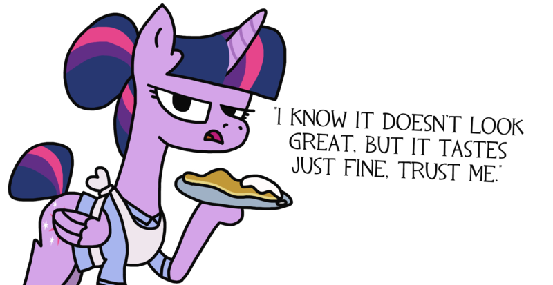 Size: 2048x1058 | Tagged: safe, artist:moonatik, derpibooru import, twilight sparkle, twilight sparkle (alicorn), alicorn, pony, alternate hairstyle, apron, clothes, cream, dialogue, female, food, hair bun, hoof hold, looking at you, mare, open mouth, pancakes, plate, simple background, solo, tail bun, talking, talking to viewer, transparent background