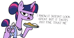 Size: 2048x1058 | Tagged: safe, artist:moonatik, derpibooru import, twilight sparkle, twilight sparkle (alicorn), alicorn, pony, alternate hairstyle, apron, clothes, cream, dialogue, female, food, hair bun, hoof hold, looking at you, mare, open mouth, pancakes, plate, simple background, solo, tail bun, talking, talking to viewer, transparent background