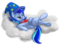 Size: 2000x1463 | Tagged: safe, artist:prismawatercolor, derpibooru import, oc, oc:scratchie, unofficial characters only, pegasus, pony, bandana, cloud, commission, crossed legs, hat, lying down, male, on back, relaxing, solo, stallion, wings