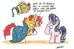 Size: 2221x1475 | Tagged: safe, artist:bobthedalek, derpibooru import, starlight glimmer, sunburst, pony, unicorn, uncommon bond, case, giggling, scrunchy face, suitcase, sunburst is not amused, traditional art, unamused