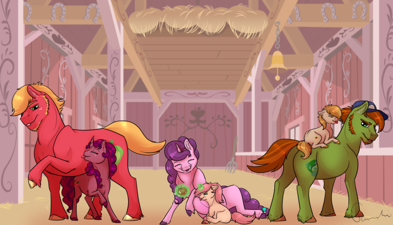 Size: 2000x1148 | Tagged: safe, artist:ganashiashaka, derpibooru import, big macintosh, sugar belle, oc, oc:azalea apple, oc:freckle trick, oc:peony blossom, oc:swamp apple, earth pony, pony, unicorn, apple, colt, female, filly, food, magic, male, offspring, parent:big macintosh, parent:sugar belle, parents:sugarmac, ponies riding ponies, shipping, stallion, straight, sugarmac