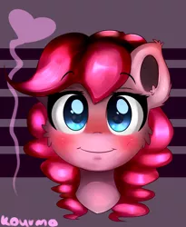 Size: 1704x2074 | Tagged: safe, artist:kourma, derpibooru import, pinkie pie, earth pony, pony, abstract background, alternate hairstyle, blushing, bust, cute, female, fluffy, heart, looking at you, mare, portrait, smiling, solo