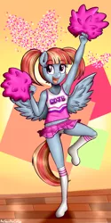 Size: 900x1800 | Tagged: anthro, armpits, artist:anibaruthecat, breasts, cheerleader, clothes, cute, delicious flat chest, derpibooru import, female, heart, mare, midriff, panties, pegasus, pigtails, pom pom, short skirt, skirt, skirt lift, socks, solo, solo female, suggestive, underwear, unguligrade anthro, upskirt, windy whistles
