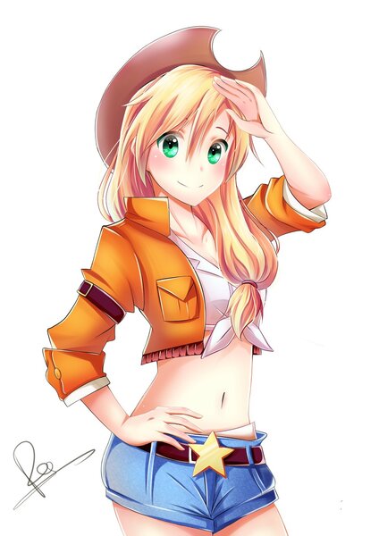 Size: 1024x1448 | Tagged: anime, applejack, artist:kimikirakiro, belly button, blushing, clothes, cowboy hat, derpibooru import, female, front knot midriff, hand on hip, hat, human, humanized, looking at you, midriff, no more ponies at source, safe, shorts, signature, simple background, smiling, solo, stetson, white background