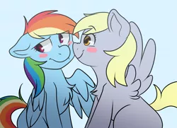 Size: 4105x2976 | Tagged: artist:hyperion-jack, blushing, blush sticker, derpibooru import, derpydash, derpy hooves, duo, female, kissing, lesbian, looking away, rainbow dash, safe, shipping, simple background, smiling
