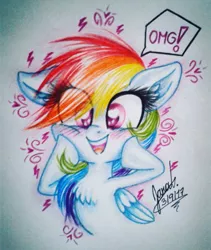 Size: 480x568 | Tagged: safe, artist:janadashie, derpibooru import, rainbow dash, blushing, chest fluff, cute, dashabetes, omg, open mouth, so awesome, solo, squishy cheeks, traditional art