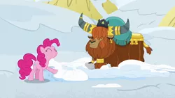 Size: 1280x720 | Tagged: safe, derpibooru import, screencap, pinkie pie, prince rutherford, pony, yak, not asking for trouble, raised eyebrow, snow