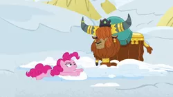 Size: 1280x720 | Tagged: safe, derpibooru import, screencap, pinkie pie, prince rutherford, pony, yak, not asking for trouble, lidded eyes, prone, raised eyebrow, snow