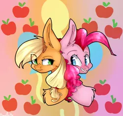 Size: 900x854 | Tagged: safe, artist:emily-826, derpibooru import, applejack, pinkie pie, earth pony, pony, apple, applepie, back to back, bust, chest fluff, cutie mark, female, food, freckles, lesbian, looking at each other, missing accessory, portrait, shipping, smiling