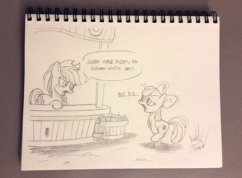 Size: 1101x810 | Tagged: apple bloom, applejack, artist:fuzon-s, covering crotch, derpibooru import, desperation, need to pee, omorashi, potty dance, potty emergency, potty time, request, requested art, safe, sketch, traditional art, trotting, trotting in place