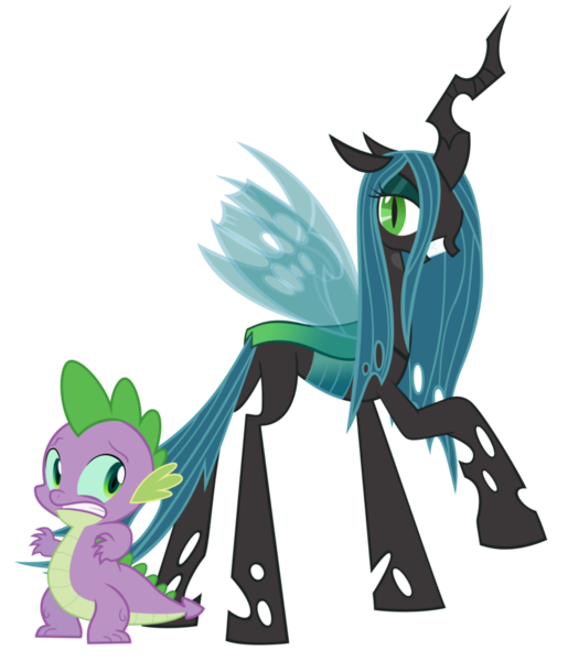 Size: 1012x1180 | Tagged: body swap, changeling, changeling queen, derpibooru import, dragon, duo, edit, female, former queen chrysalis, grin, gritted teeth, male, payback, queen chrysalis, revenge, safe, scared, simple background, smiling, spell gone wrong, spike, this will end in pain, this will end in tears, this will end in tears and/or death, transparent background, vector, vector edit, worried