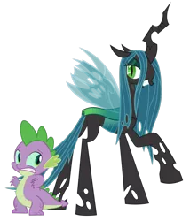 Size: 1012x1180 | Tagged: body swap, changeling, changeling queen, derpibooru import, dragon, duo, edit, female, former queen chrysalis, grin, gritted teeth, male, payback, queen chrysalis, revenge, safe, scared, simple background, smiling, spell gone wrong, spike, this will end in pain, this will end in tears, this will end in tears and/or death, transparent background, vector, vector edit, worried
