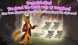Size: 773x452 | Tagged: abyssinian, anthro, capper dapperpaws, cat, clothes, coat, congratulation, congratulations, derpibooru import, digitigrade anthro, engrish, gameloft, gameloft shenanigans, misspelling, my little pony: the movie, safe, solo