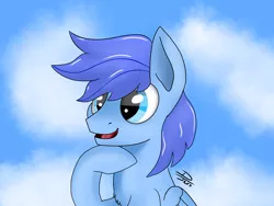 Size: 4056x3042 | Tagged: safe, artist:deejayarts, derpibooru import, oc, oc:rainy visualz, unofficial characters only, pegasus, pony, blue background, cute, simple background, sky, solo, thinking