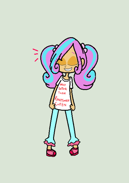 Size: 432x610 | Tagged: artist:obeliskgirljohanny, braces, clothes, derpibooru import, eyes closed, human, humanized, pigtails, princess flurry heart, reference sheet, safe, shirt, smiling, solo, t-shirt, twilight (series)