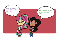 Size: 762x472 | Tagged: safe, artist:obeliskgirljohanny, derpibooru import, sour sweet, oc, oc:scarla, human, equestria girls, humanized, looking at each other