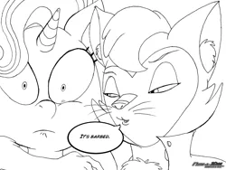 Size: 1600x1200 | Tagged: suggestive, artist:nightweaver20xx, derpibooru import, capper dapperpaws, starlight glimmer, abyssinian, anthro, cat, unicorn, my little pony: the movie, barbed, black and white, grayscale, monochrome, speech bubble, traditional art