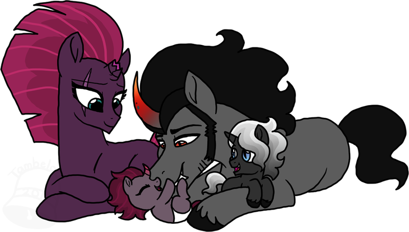 Size: 900x512 | Tagged: safe, artist:tambelon, derpibooru import, king sombra, tempest shadow, oc, oc:somber night, pony, unicorn, my little pony: the movie, baby, baby pony, broken horn, clothes, colt, crack shipping, diaper, female, filly, male, mare, next generation, offspring, parent:king sombra, parent:tempest shadow, parents:sombrest, prone, scarf, shipping, simple background, smiling, sombrest, stallion, straight, watermark