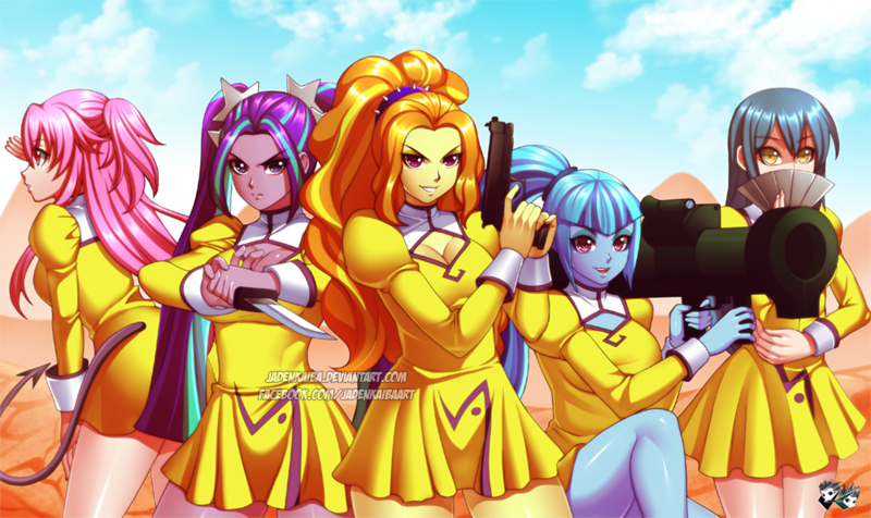 Size: 1000x595 | Tagged: safe, artist:jadenkaiba, derpibooru import, adagio dazzle, aria blaze, sonata dusk, equestria girls, rainbow rocks, angel beats, anime, breasts, cleavage, clothes, crossover, dress, fairy tail, gun, no trigger discipline, the dazzlings, weapon, wendy marvel, yui