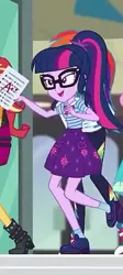 Size: 257x573 | Tagged: safe, derpibooru import, screencap, fluttershy, rainbow dash, sci-twi, sunset shimmer, twilight sparkle, equestria girls, equestria girls series, the finals countdown, a++, clothes, converse, cropped, female, glasses, grades, ponytail, shoes, skirt, smiling, socks