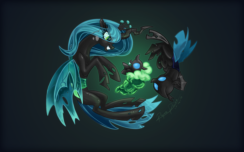 Size: 1200x750 | Tagged: artist:reynaruina, changeling, changeling larva, crown, derpibooru import, gradient background, jewelry, mommy chrissy, queen chrysalis, regalia, safe, signature, smiling