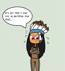 Size: 481x524 | Tagged: arms folded, artist:obeliskgirljohanny, blushing, chief thunderhooves, derpibooru import, feather, headdress, human, humanized, indian chief, looking down, native american, safe, tsundere