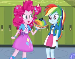 Size: 1400x1100 | Tagged: safe, artist:liniitadash23, derpibooru import, pinkie pie, rainbow dash, equestria girls, secrets and pies, boots, canterlot high, clothes, compression shorts, eat my pie, equestria girls interpretation, food, lockers, miniskirt, pie, rainbow blueberry pie, scene interpretation, shoes, shorts, skirt, smiling, socks