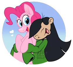 Size: 1280x1179 | Tagged: safe, artist:zerogravitybadger, derpibooru import, pinkie pie, pony, codename kids next door, crossover, heart, hug, kuki sanban, simple background, transparent background, watermark