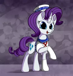 Size: 1024x1061 | Tagged: safe, artist:calena, derpibooru import, rarity, pony, unicorn, clothes, female, ghostbusters, hat, looking at you, mare, raised hoof, rarity is a marshmallow, smiling, solo, stay puft marshmallow man