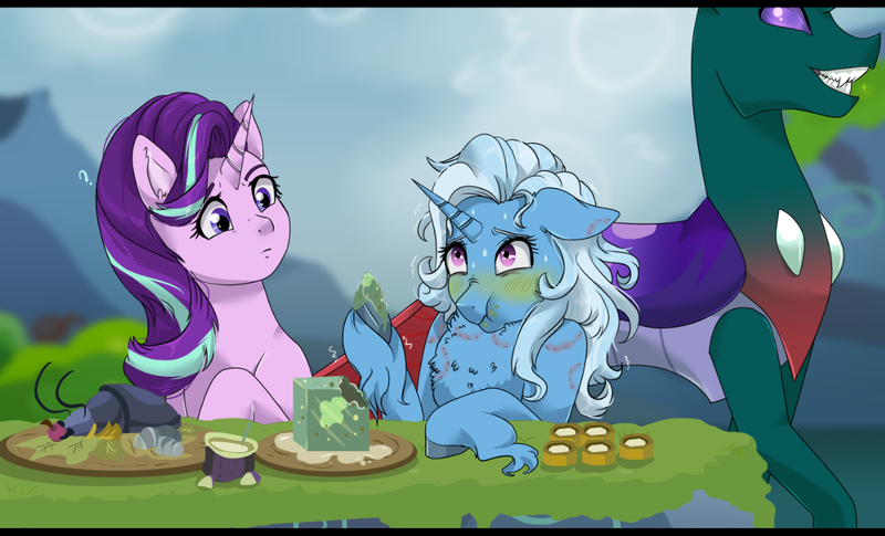 Size: 1134x687 | Tagged: suggestive, artist:gamblingfoxinahat, derpibooru import, pharynx, starlight glimmer, trixie, changedling, changeling, pony, unicorn, to change a changeling, bite mark, female, food, gelatinous cube, hickey, implied sex, implied straight, mare, messy mane, phartrix, ponies eating bugs, prince pharynx, sick, unshorn fetlocks