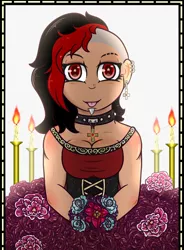 Size: 734x1000 | Tagged: safe, artist:lazerblues, derpibooru import, oc, oc:bella, unofficial characters only, satyr, candle, choker, collar, ear piercing, flower, lip piercing, parent:oc:miss eri, piercing, solo, undercut, wingding eyes