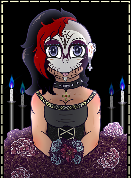 Size: 734x1000 | Tagged: safe, artist:lazerblues, derpibooru import, oc, oc:bella, unofficial characters only, satyr, candle, choker, collar, dia de los muertos, ear piercing, face paint, flower, lip piercing, parent:oc:miss eri, piercing, solo, undercut, wingding eyes