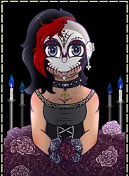 Size: 734x1000 | Tagged: safe, artist:lazerblues, derpibooru import, oc, oc:bella, unofficial characters only, satyr, candle, choker, collar, dia de los muertos, ear piercing, face paint, flower, lip piercing, parent:oc:miss eri, piercing, solo, undercut, wingding eyes