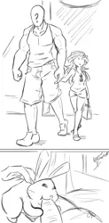 Size: 940x1913 | Tagged: suggestive, artist:nayaasebeleguii, derpibooru import, sunset shimmer, oc, oc:anon, rabbit, equestria girls, 2 panel comic, breasts, carrot, comic, food, height difference, implied sex, innuendo, monochrome, size difference