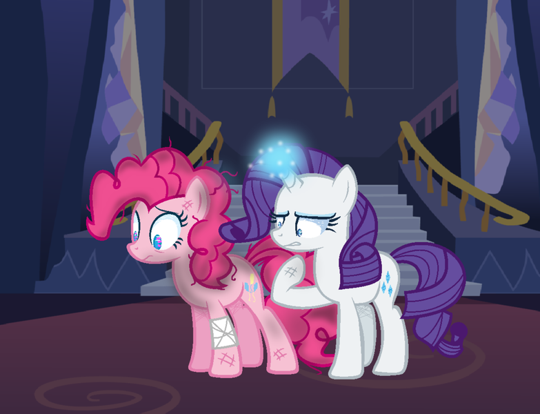 Size: 1024x785 | Tagged: safe, artist:xmelodyskyx, derpibooru import, pinkie pie, rarity, earth pony, pony, unicorn, bandage, base used, castle of the royal pony sisters, duo, magic