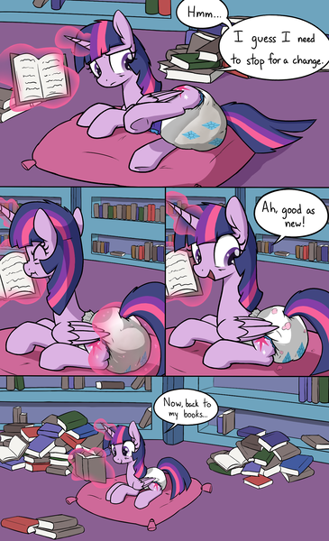 Size: 1169x1920 | Tagged: abuse, alicorn, artist:skitter, book, bookshelf, comic, cutie mark diapers, derpibooru import, diaper, diaper fetish, diaper tf, fetish, inanimate tf, levitation, magic, messy diaper, poop, poopy diaper, questionable, raribuse, rarity, telekinesis, transformation, twilight sparkle, twilight sparkle (alicorn)