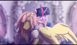 Size: 1578x923 | Tagged: safe, artist:1an1, derpibooru import, fluttershy, twilight sparkle, twilight sparkle (alicorn), alicorn, pony, clothes, crying, dusk shine, duskshy, everyday a little death, female, half r63 shipping, hug, male, mare, mondego, monsparkle, rule 63, shipping, shycedes, smiling, straight, the count of monte cristo, twishy