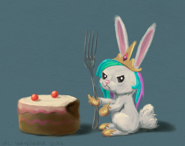 Size: 997x788 | Tagged: angel bunny, angelestia, angel is not amused, artist:el-yeguero, cake, cakelestia, clothes, costume, derpibooru import, food, fork, madorable, princess celestia, safe, solo, unamused