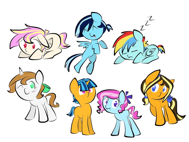 Size: 2048x1536 | Tagged: safe, artist:periwinkietwinkie, derpibooru import, oc, oc:azura, oc:bubblegum, oc:cyclone blitz, oc:golden spice apple, oc:honeycrisp, oc:papillon, oc:solar flare, unofficial characters only, dracony, earth pony, hybrid, pegasus, pony, unicorn, colt, female, filly, male, next generation, offspring, parent:applejack, parent:braeburn, parent:bulk biceps, parent:caramel, parent:flash sentry, parent:fluttershy, parent:pinkie pie, parent:pokey pierce, parent:rainbow dash, parent:rarity, parent:soarin', parent:twilight sparkle, parents:carajack, parents:flashlight, parents:flutterbulk, parents:pokeypie, parents:rariburn, parents:soarindash