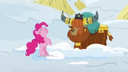 Size: 1280x720 | Tagged: safe, derpibooru import, screencap, pinkie pie, prince rutherford, pony, yak, not asking for trouble, eyes closed, licking, licking lips, rearing, snow, tongue out
