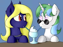 Size: 5000x3730 | Tagged: safe, artist:renderpoint, derpibooru import, oc, oc:butter cream, oc:crescent, unofficial characters only, bat pony, unicorn, bat pony oc, best friends, blind, commission, cross, fangs, female, glasses, jewelry, looking at each other, mare, milkshake, pendant, sharing a drink, sipping, straw