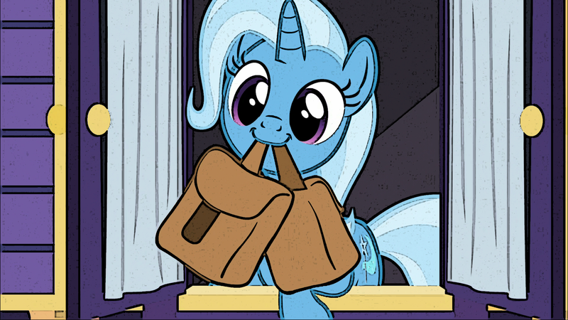 Size: 1920x1080 | Tagged: safe, derpibooru import, edit, edited screencap, screencap, trixie, pony, unicorn, to where and back again, :3, cute, diatrixes, female, mare, mouth hold, photoshop filter, smiling, solo, to saddlebags and back again, trixie's wagon