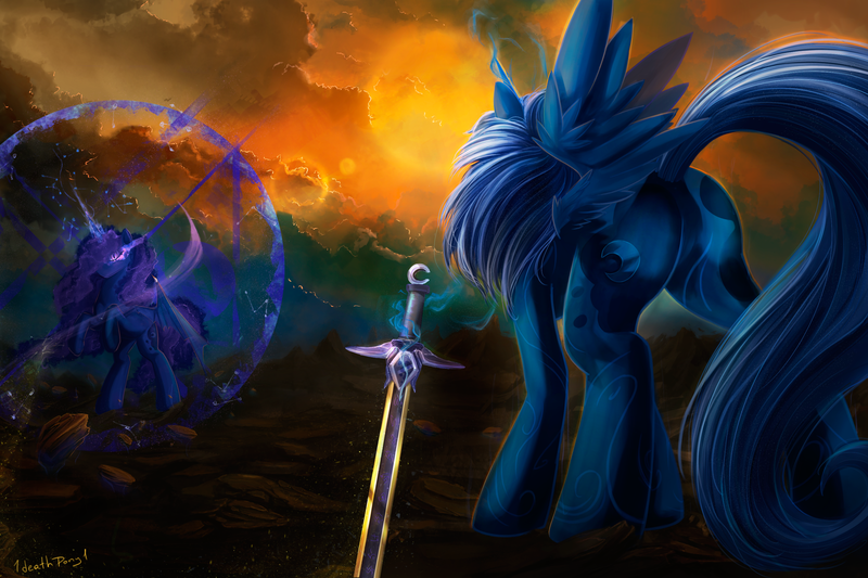 Size: 3000x2000 | Tagged: safe, artist:1deathpony1, derpibooru import, princess luna, alicorn, pony, confrontation, female, inner demons, mare, moonbutt, nightmare luna, plot, sword, weapon