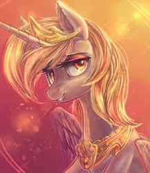 Size: 1200x1382 | Tagged: safe, artist:fly-gray, derpibooru import, derpy hooves, alicorn, pony, abstract background, alicornified, bust, derpicorn, female, jewelry, lidded eyes, looking at you, mare, portrait, princess derpy, race swap, smiling, solo, tiara