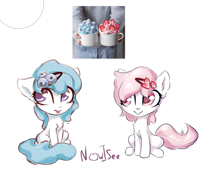 Size: 997x862 | Tagged: safe, artist:inowiseei, derpibooru import, oc, ponified, unofficial characters only, earth pony, pony, blueberry, chest fluff, chibi, cute, duo, female, floppy ears, food, ice cream, mare, ocbetes, simple background, sitting, smiling, strawberry, tongue out, white background