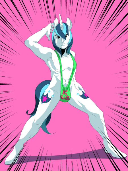 Size: 600x800 | Tagged: anthro, armpits, artist:naoki, bikini, both cutie marks, clothes, crotch bulge, derpibooru import, looking at you, male, pink background, pose, questionable, shining armor, simple background, sling bikini, solo, solo male, swimsuit, unguligrade anthro, wat
